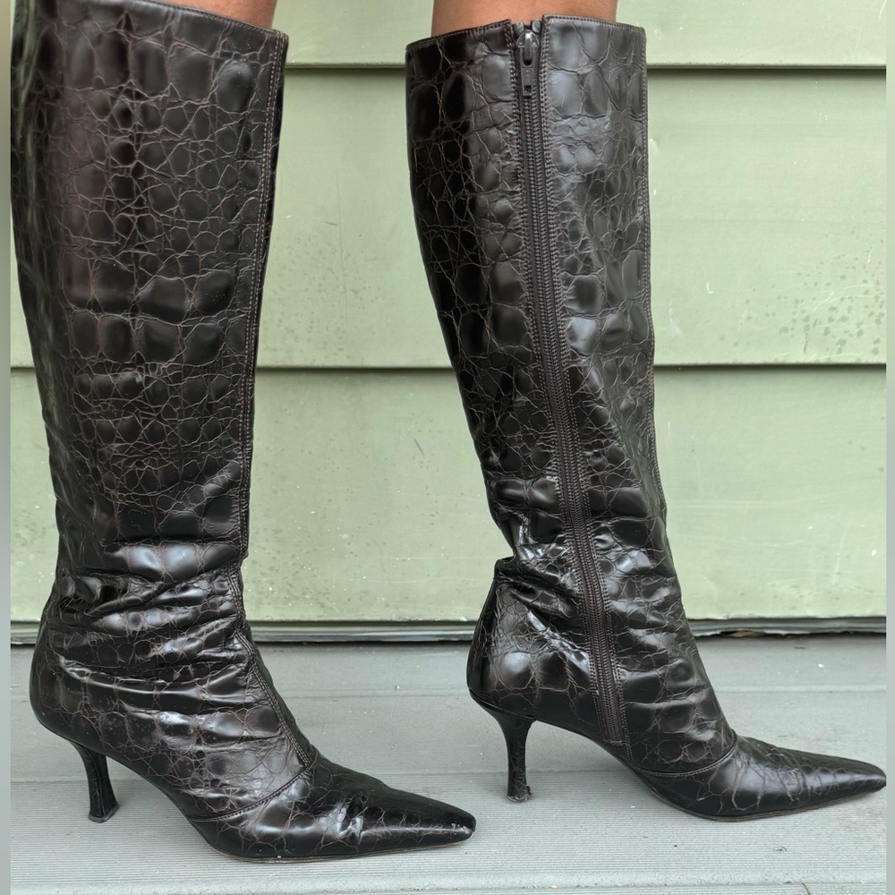 Stuart Weitzman Dark Brown Croc-Embossed Leather Knee Boots